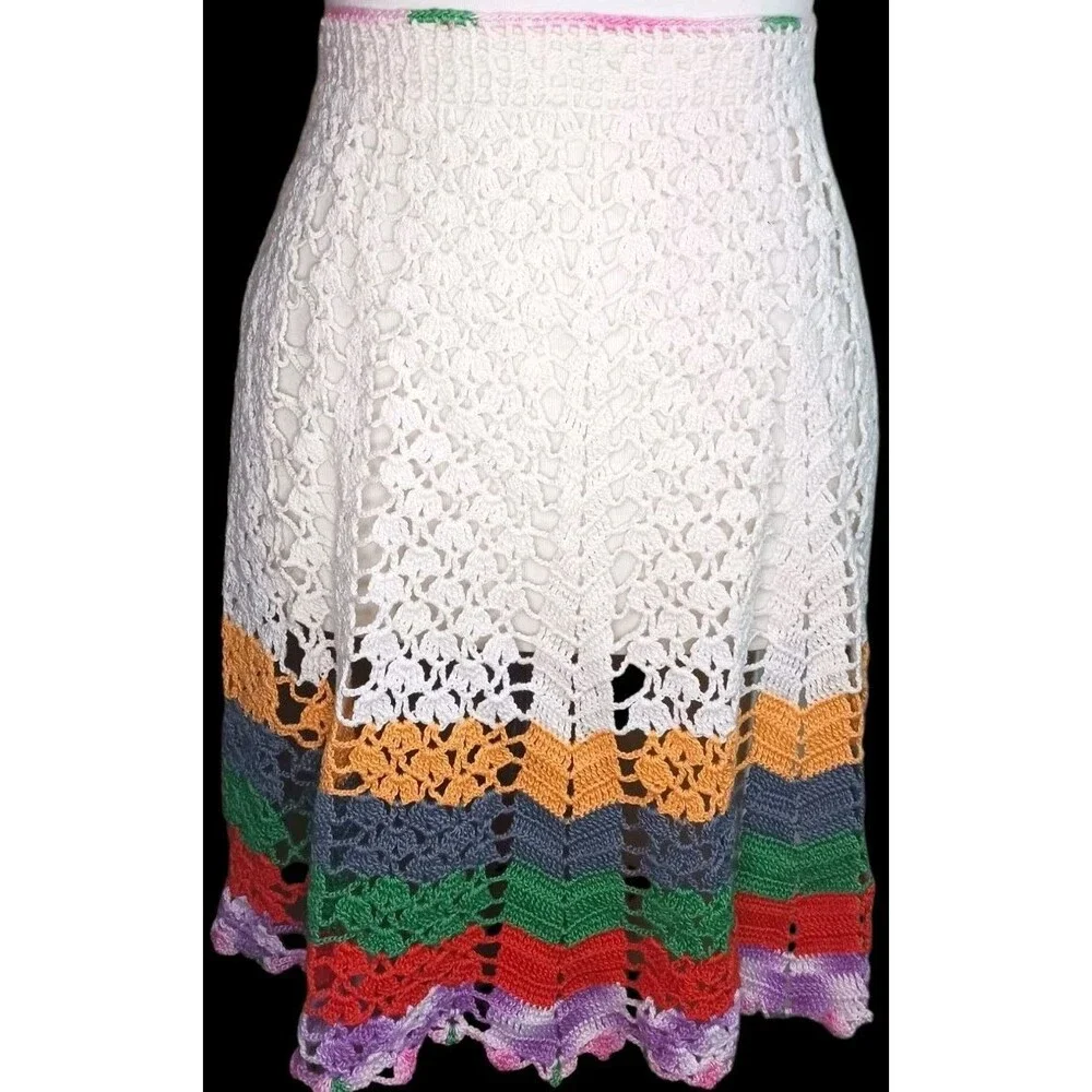 Vintage Cotton Hand Crochet Half Apron White w/ Rainbow Stripes Hand Made BEAUTY